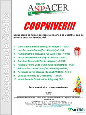 2017 COOPASPACER Sorteio CoopNiver 01.2017