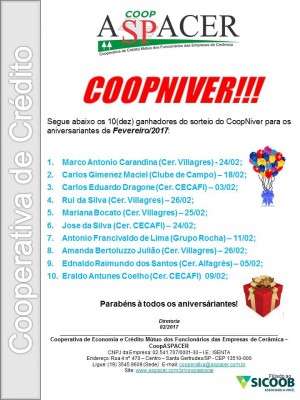 2017 COOPASPACER Sorteio CoopNiver 02.2017