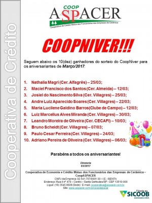 2017 COOPASPACER Sorteio CoopNiver 03.2017