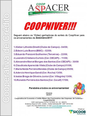2017 COOPASPACER Sorteio CoopNiver 09.2017