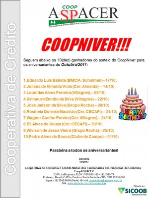 2017 COOPASPACER Sorteio CoopNiver 10.2017