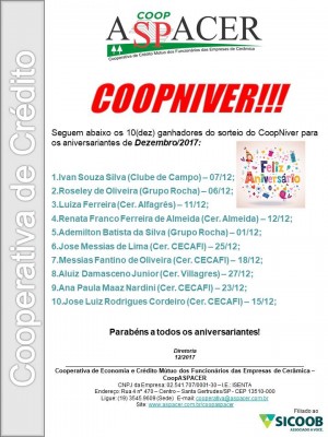 2017 COOPASPACER Sorteio CoopNiver 12.2017