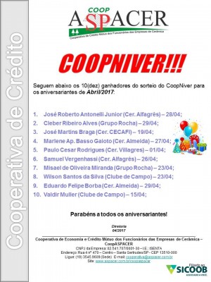 2017 COOPASPACER Sorteio CoopNiver 04.2017