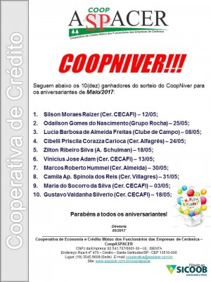 2017 COOPASPACER Sorteio CoopNiver 05.2017