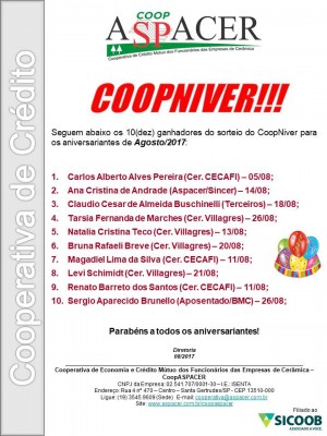 2017 COOPASPACER Sorteio CoopNiver 08.2017